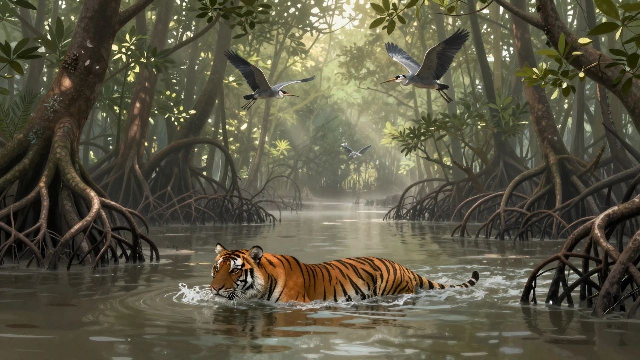 Royal Bengal tiger swimming through mangrove waterways in the Sundarbans under misty dawn light.