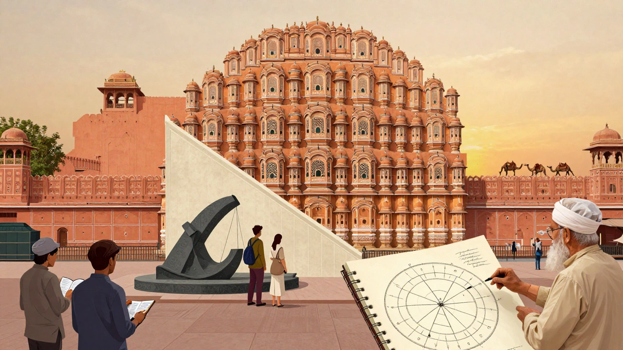 Tourists sketching ancient astronomical instruments at Jaipur's City Palace at sunset.