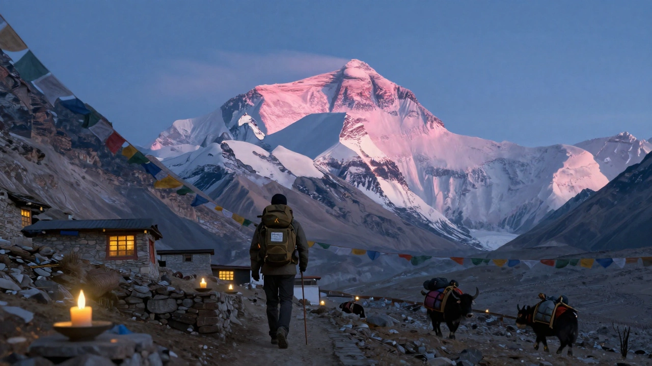 Trekker on the trail to Everest Base Camp at sunrise with prayer flags and snow peaks.