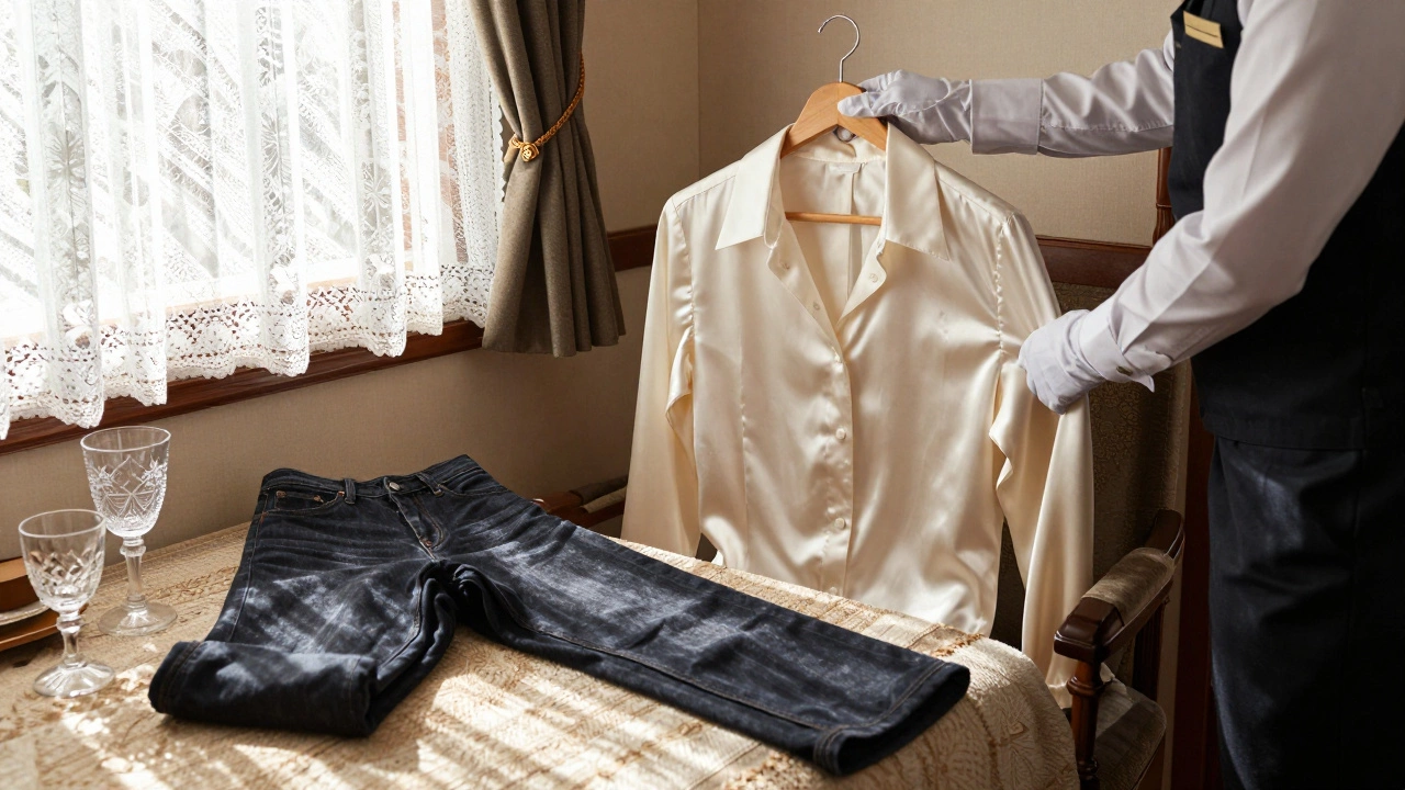 A cabin attendant presses a silk blouse in a lavishly appointed train cabin, with dark jeans left unused on a chair, emphasizing the dress code's elegance.