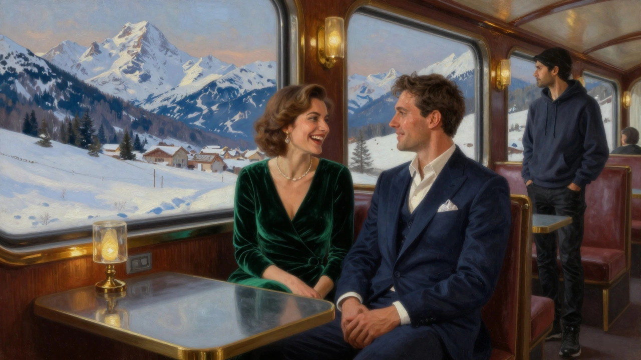 A couple in formal 1930s attire enjoys champagne in the bar car, while a man in casual clothes reflects alone in the window, disconnected from the scene.