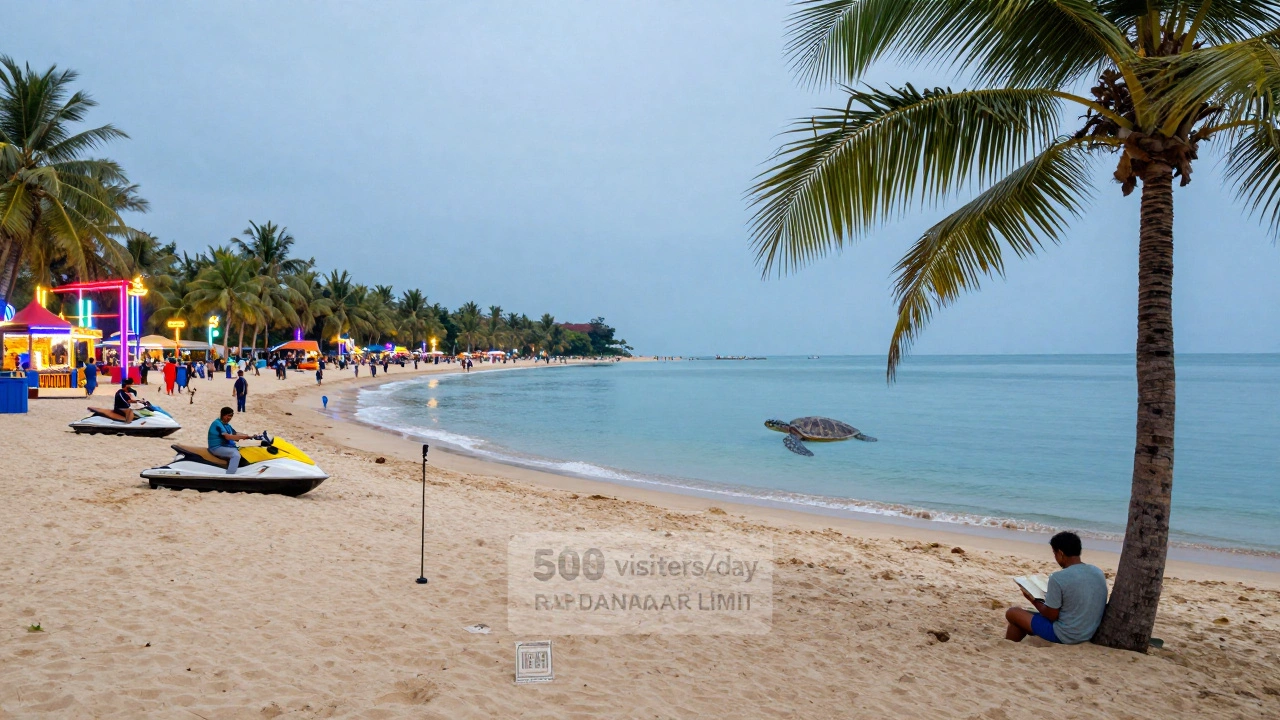 A split view showing chaotic tourist beaches on one side and tranquil Radhanagar Beach on the other, with a turtle swimming peacefully in clear water.