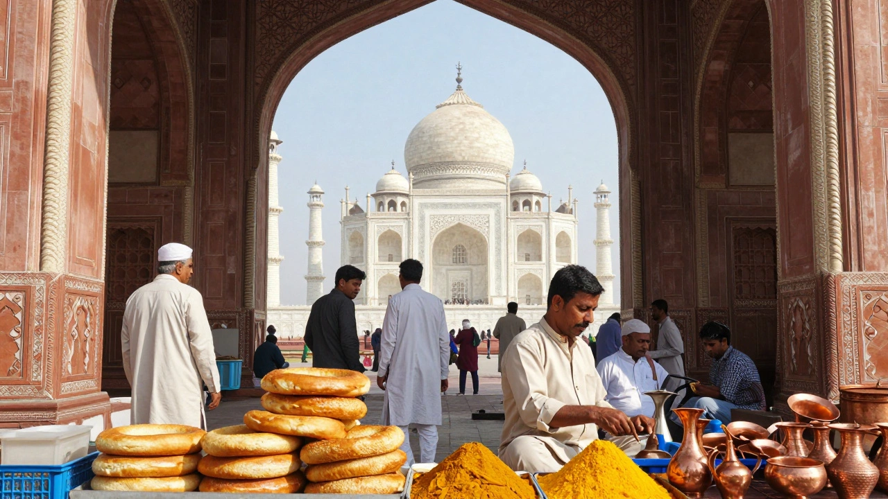 Agra street market with wheat breads and Mughal architecture in background