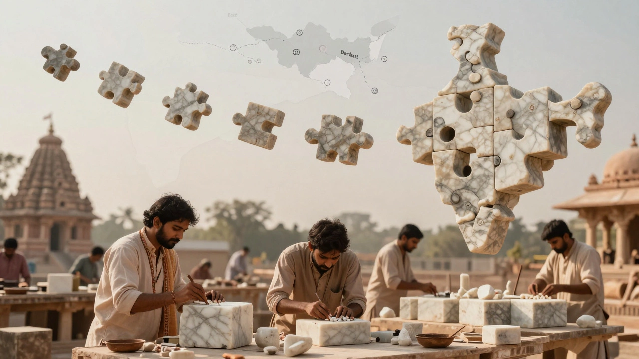 Artisans carving marble in India as stones magically transport to be assembled in Illinois.