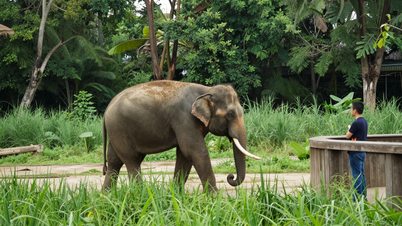 Elephant roaming freely in large natural habitat with visitor watching from distance.