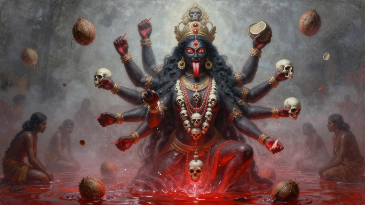 Ethereal depiction of Goddess Kali with floating coconuts and red water as symbolic offerings, surrounded by kneeling pilgrims.