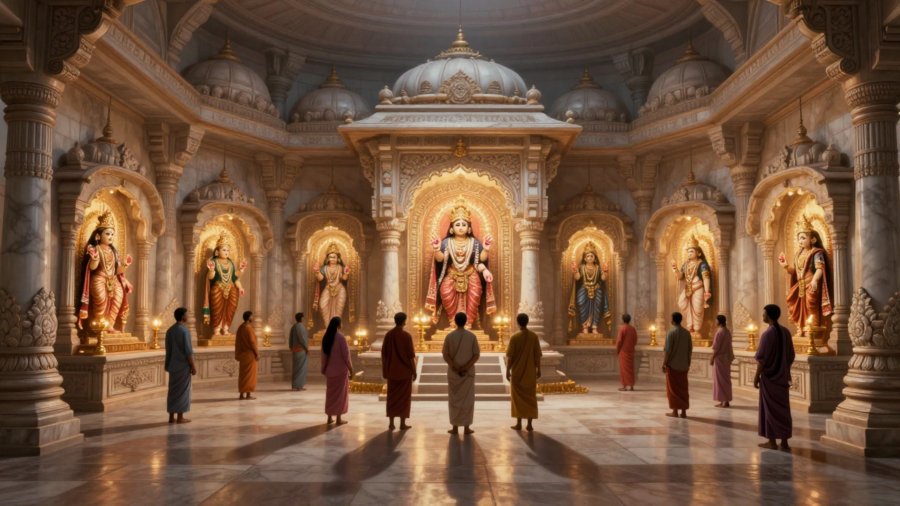 Interior of the temple's prayer hall with golden lamps illuminating nine sacred shrines.