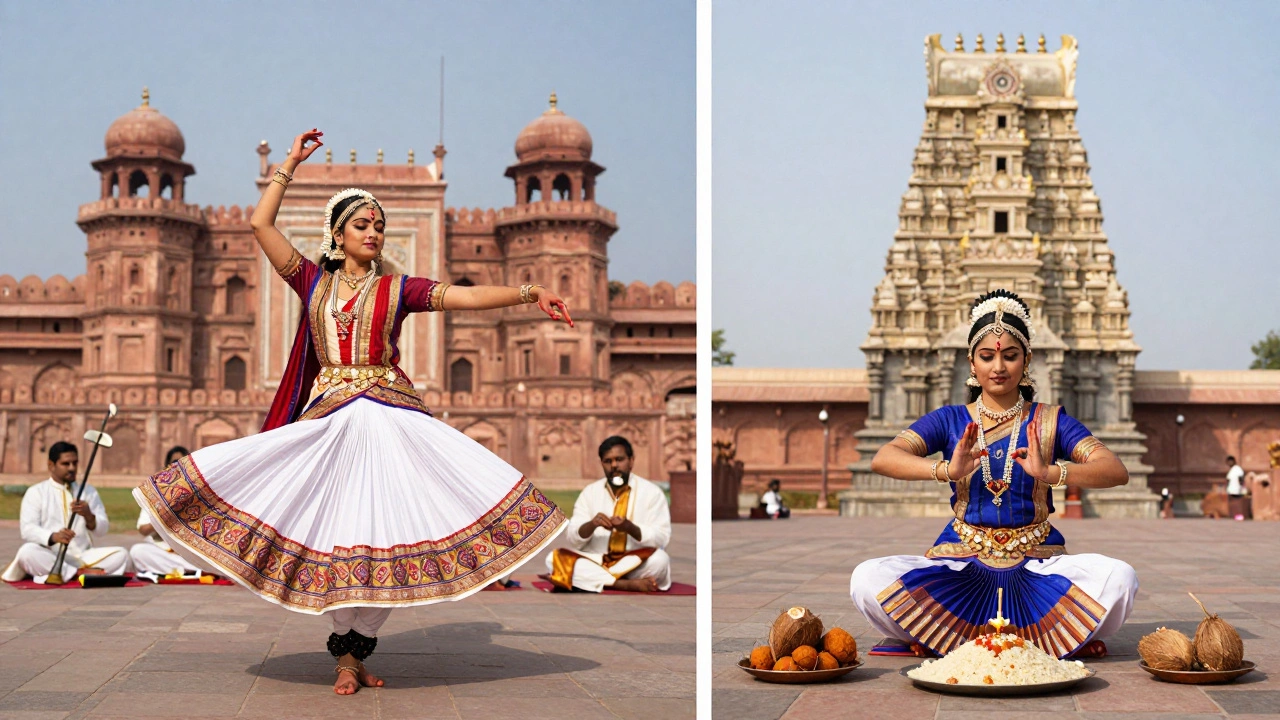 Kathak dancer beside Bharatanatyam dancer showing North vs South Indian cultural contrast