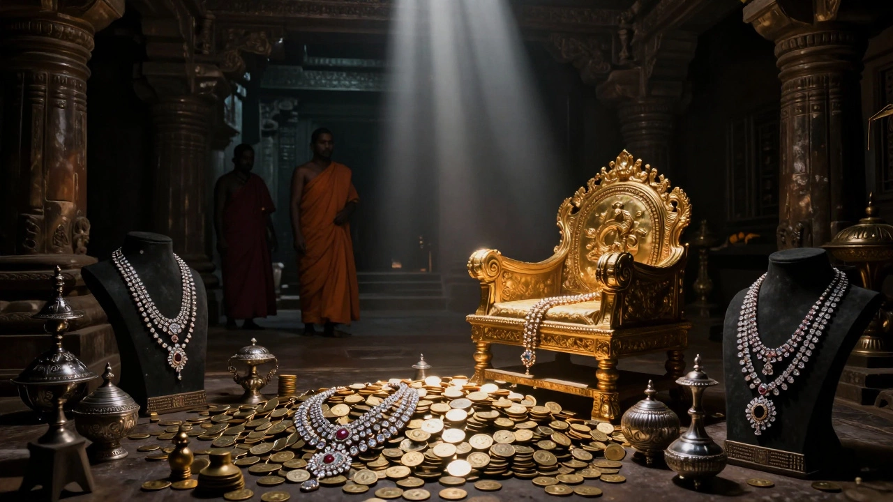Mysterious treasure vault filled with gold coins, jewels, and a golden throne, lit by a single shaft of light in the Padmanabhaswamy Temple.