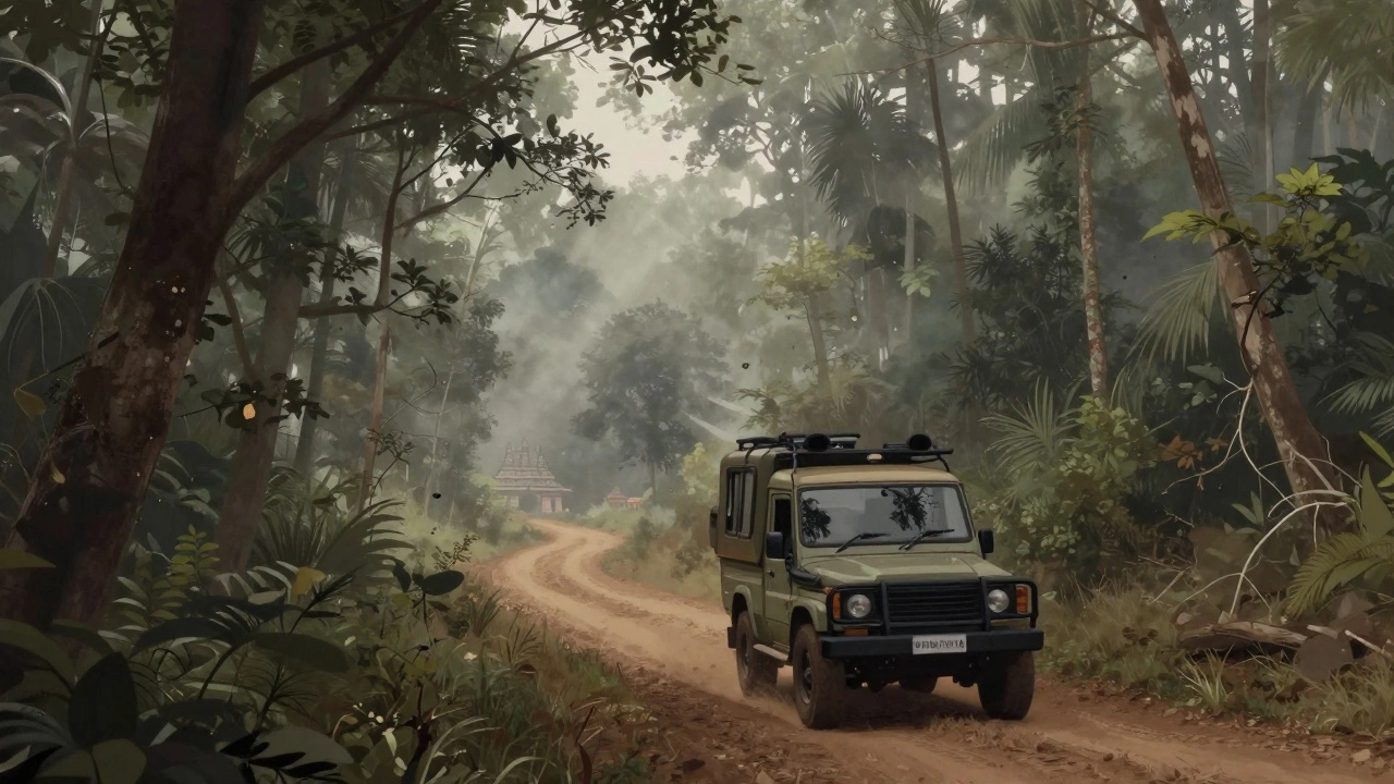 Safari jeep driving through misty forest trail
