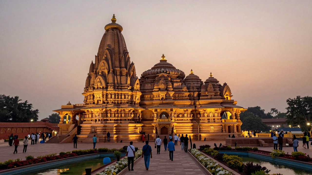 Swaminarayan Akshardham Temple at sunset, showcasing thousands of hand-carved stone sculptures and crowds of visitors in a grand architectural complex.