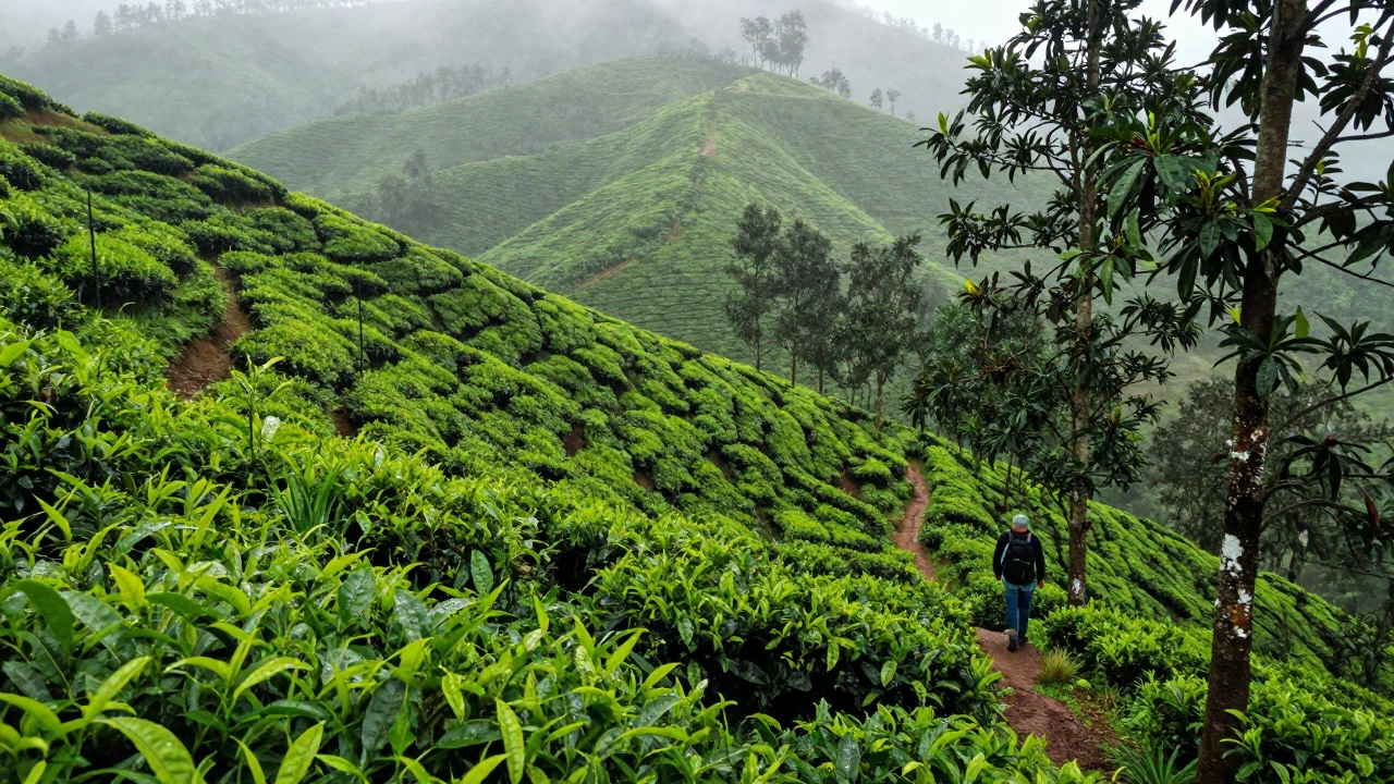 Trekker walking through green tea plantation in misty Munnar hills