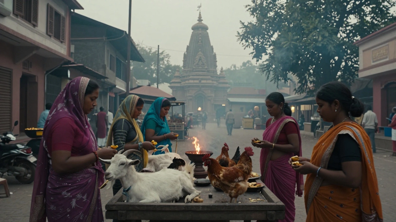 Vendors selling live goats and chickens outside Kalighat Temple, with devotees in traditional attire and incense burning in the morning light.