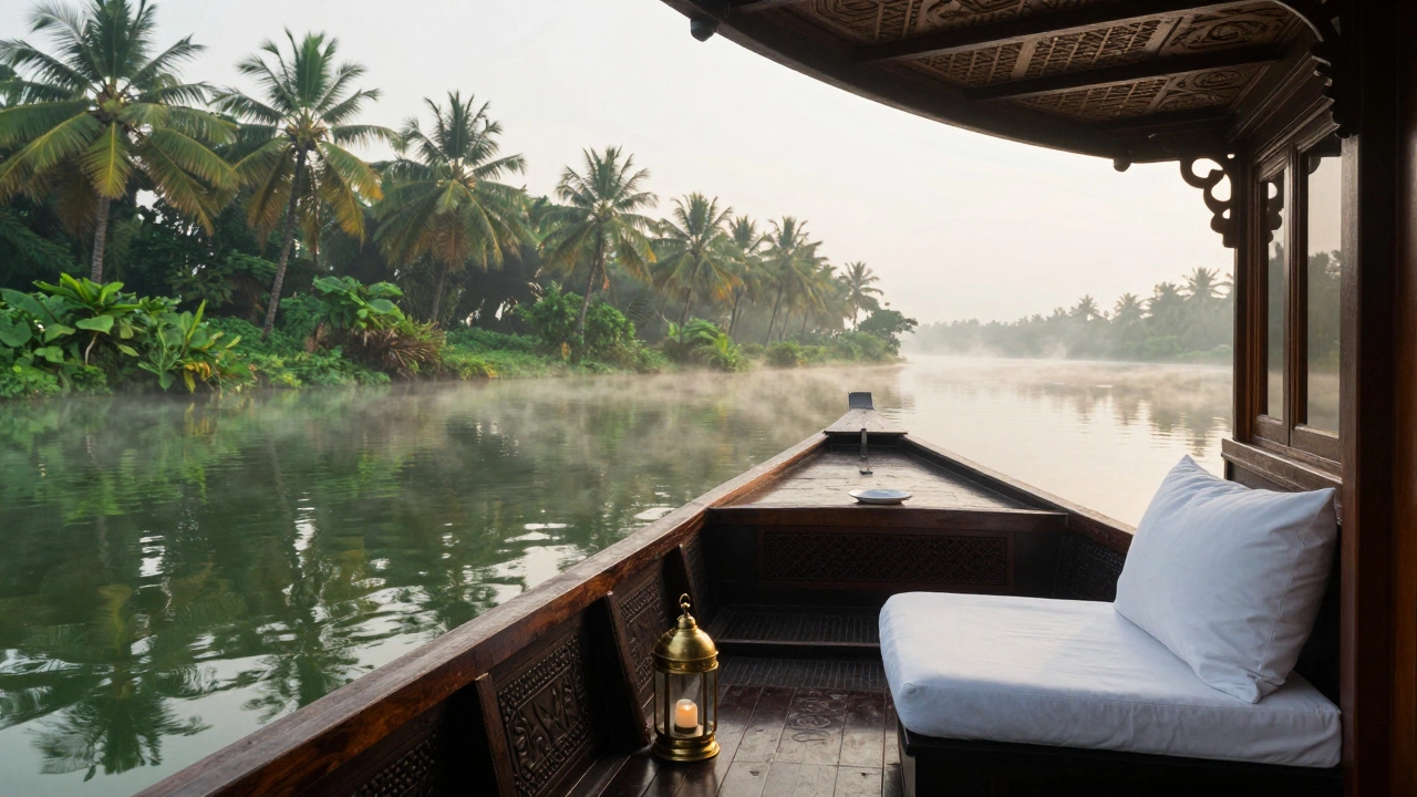 Wooden houseboat floating in green backwaters