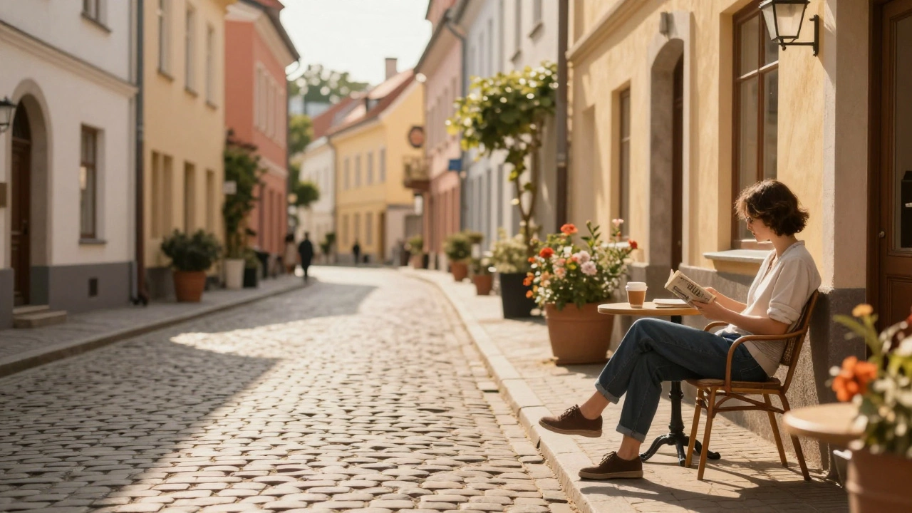 A person relaxing at a sunlit outdoor cafe in a quiet, charming town.