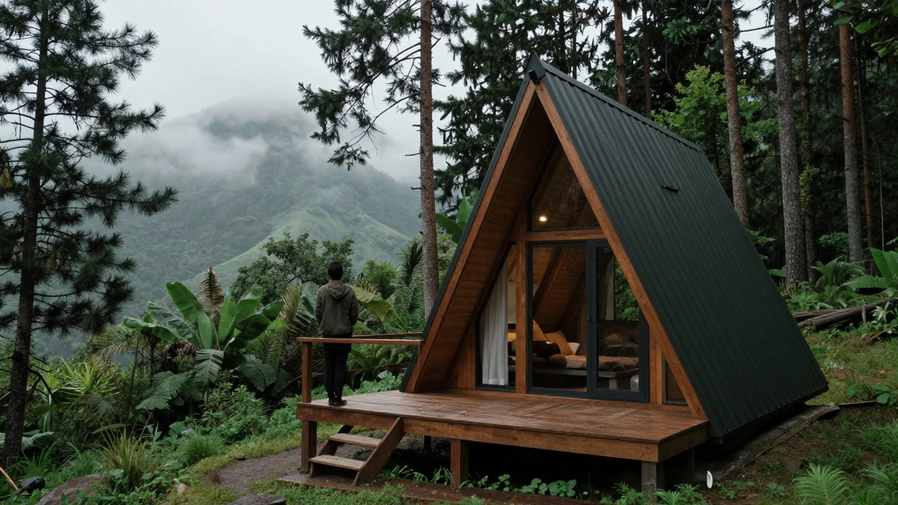 A person standing on the porch of a cozy forest cabin overlooking misty mountains.
