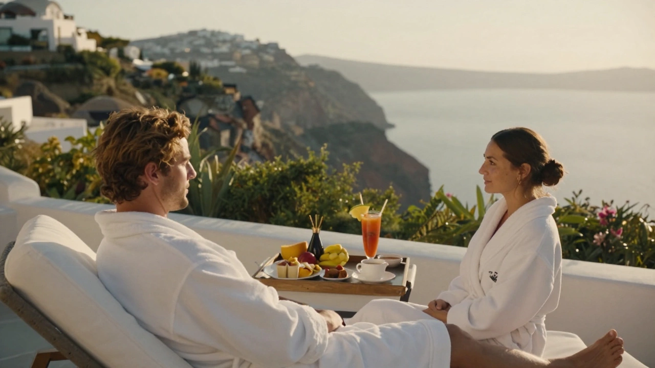 Couple relaxing in robes on a luxury hotel balcony during a peaceful morning.