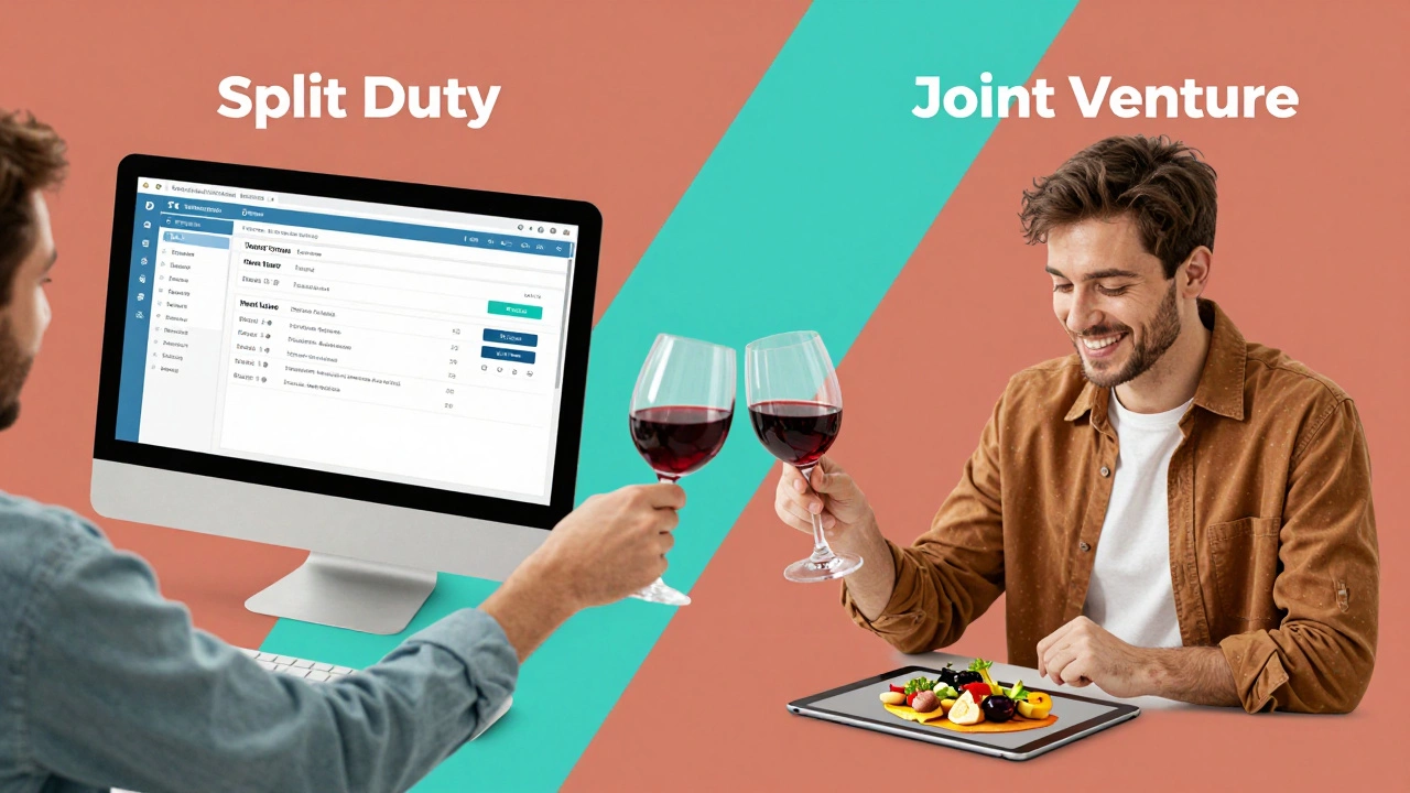 Illustration of a couple dividing travel tasks and sharing a bottle of wine.