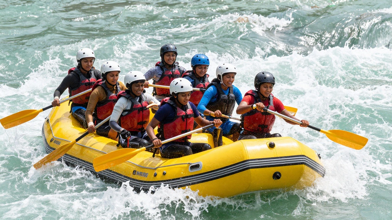 Indian women paddling a yellow raft through white-water rapids in Rishikesh