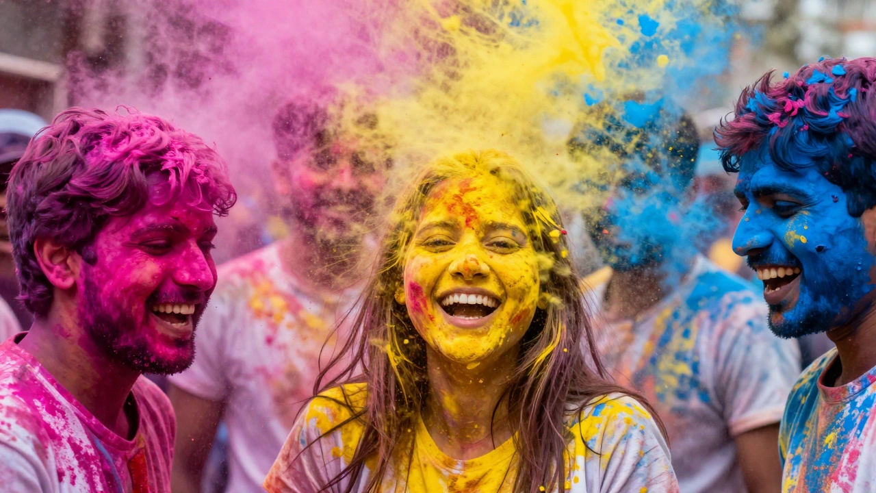 People celebrating the Holi festival covered in colorful powdered pigments