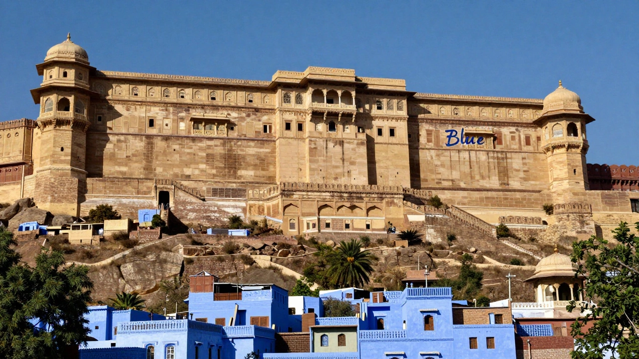 The massive Mehrangarh Fort overlooking the blue houses of Jodhpur