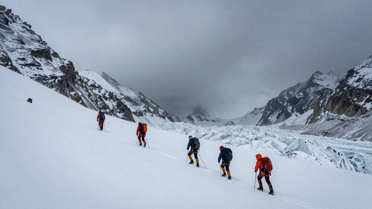 Trekkers navigating a snowy glacier and rugged peaks at the high-altitude Pin Parvati Pass