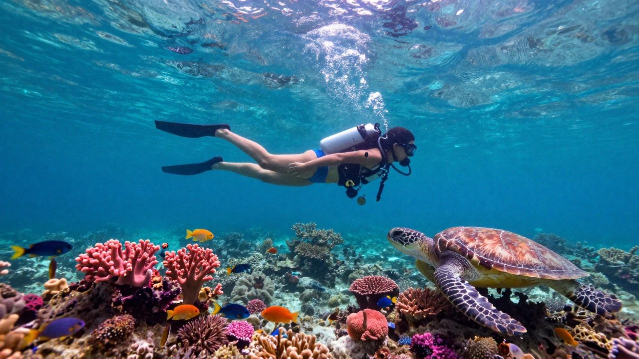 Woman scuba diving among colorful coral reefs and fish in the Andaman Islands