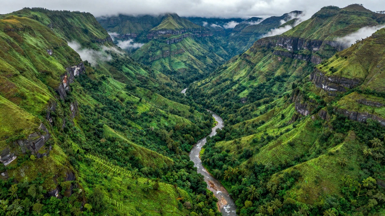 Aerial view of lush green Western Ghats mountains