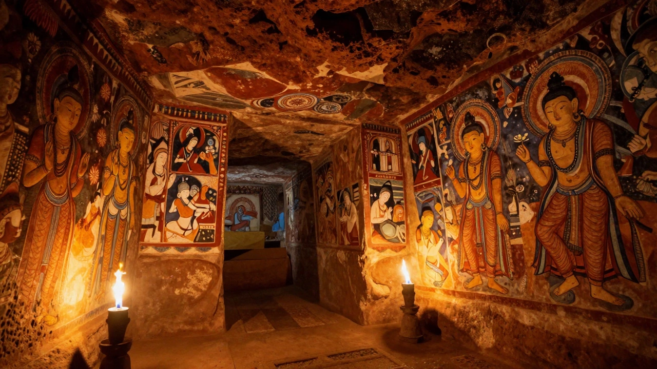 Ancient murals inside Ajanta Caves illuminated by warm light