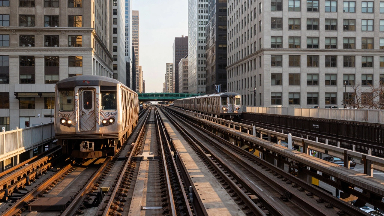 Clean Chicago L train tracks through city at golden hour