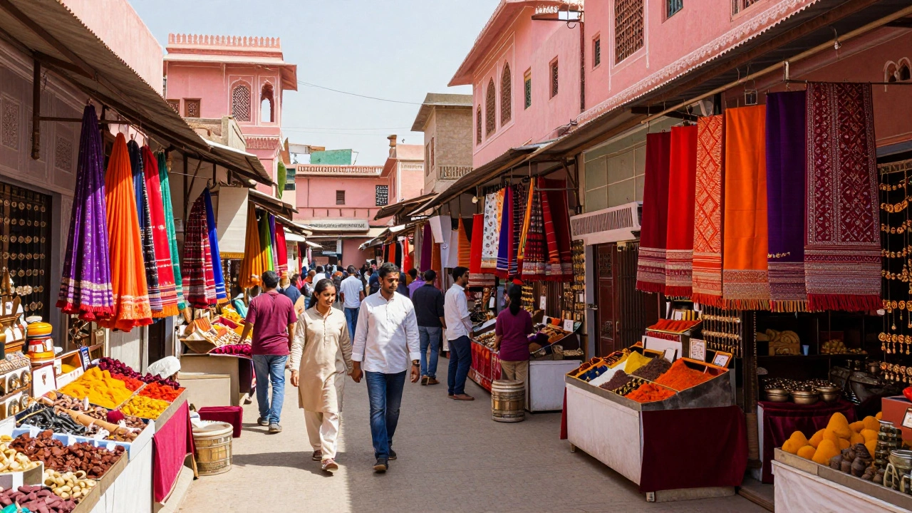 Couple walking through colorful, crowded Jaipur market streets