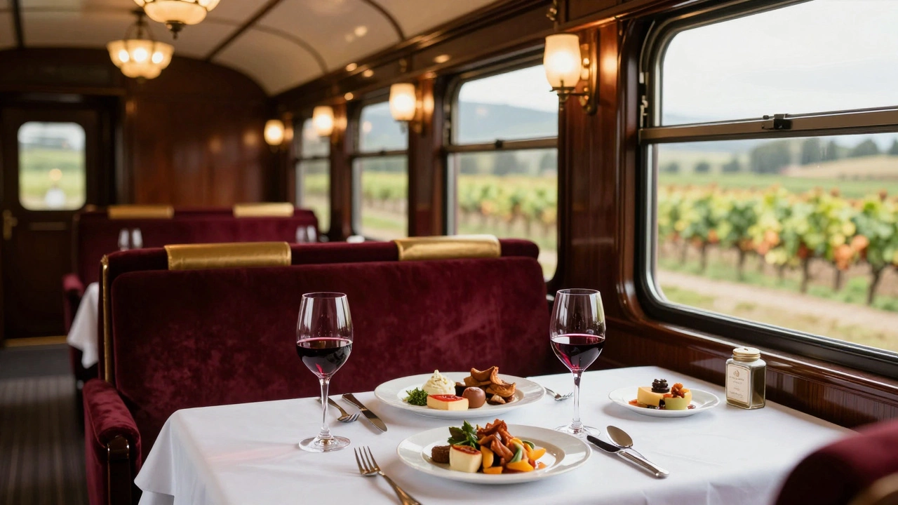 Elegant dining car interior with wine glasses and velvet seats