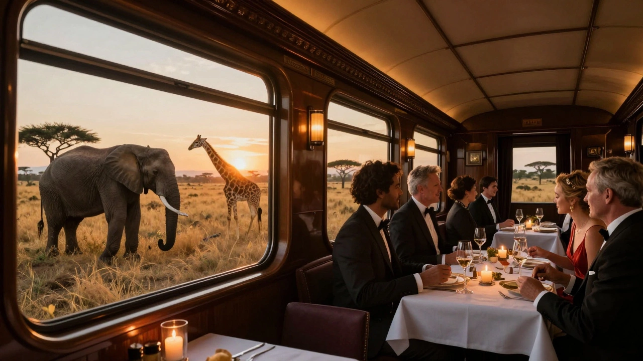 Luxury train suite window view of African wildlife and guests in formal evening wear