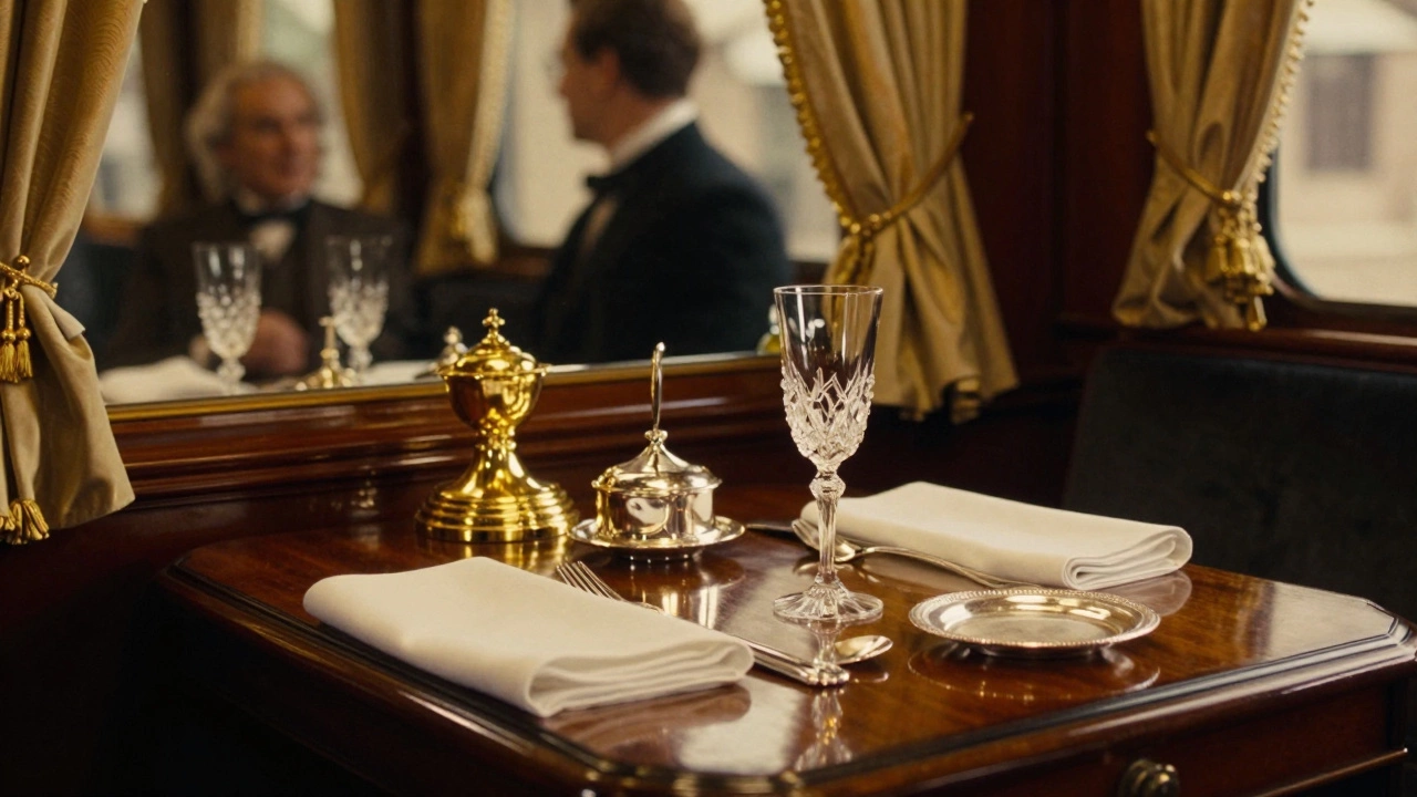 Opulent 1920s vintage train dining car interior with crystal glasses and silverware