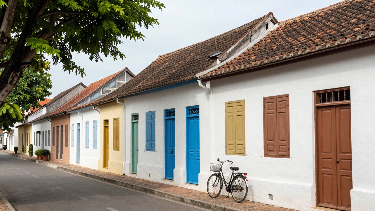 Pastel-colored French colonial houses in White Town, Pondicherry