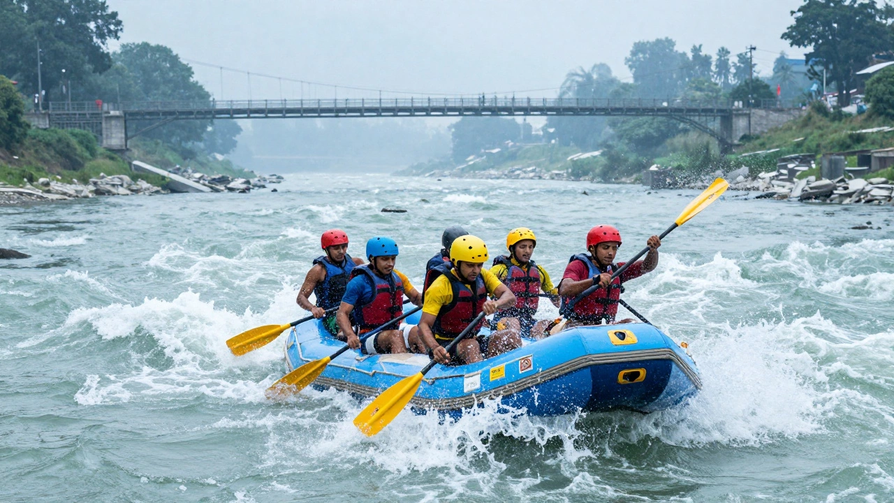 Rafters navigating turbulent white-water rapids near Laxman Jhula bridge