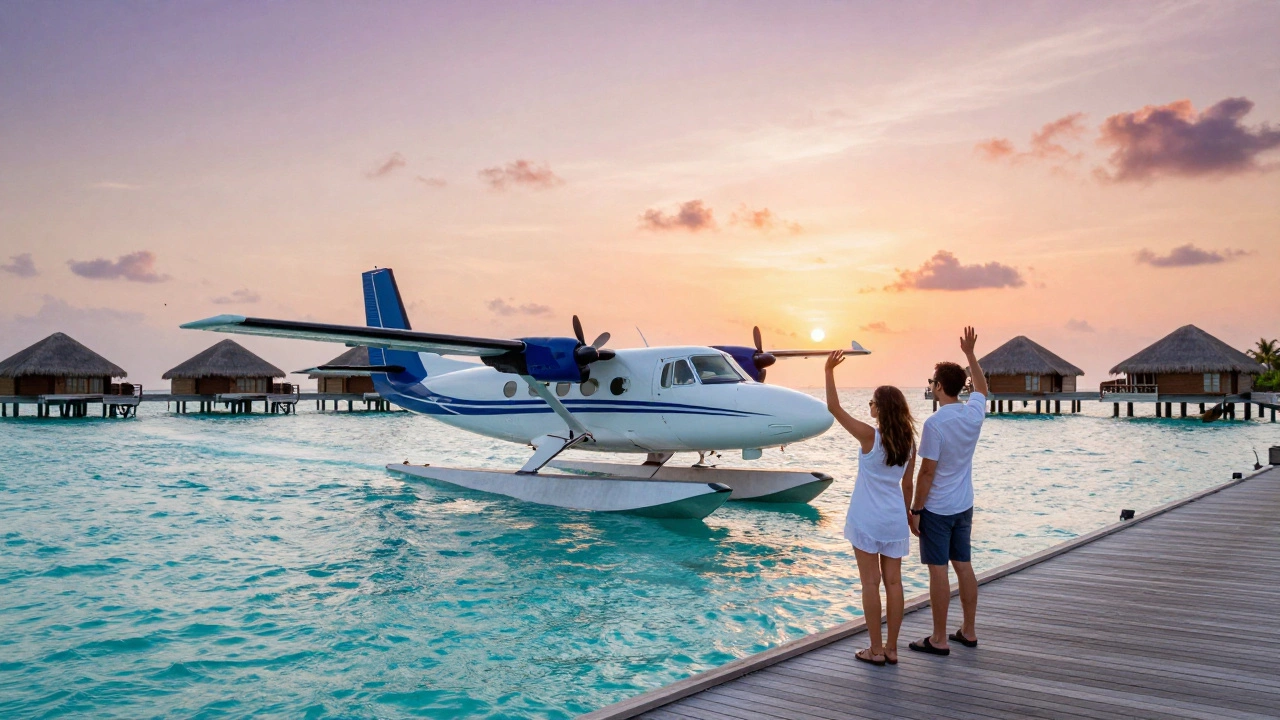 Seaplane taking off from turquoise lagoon waters near overwater bungalows in the Maldives.