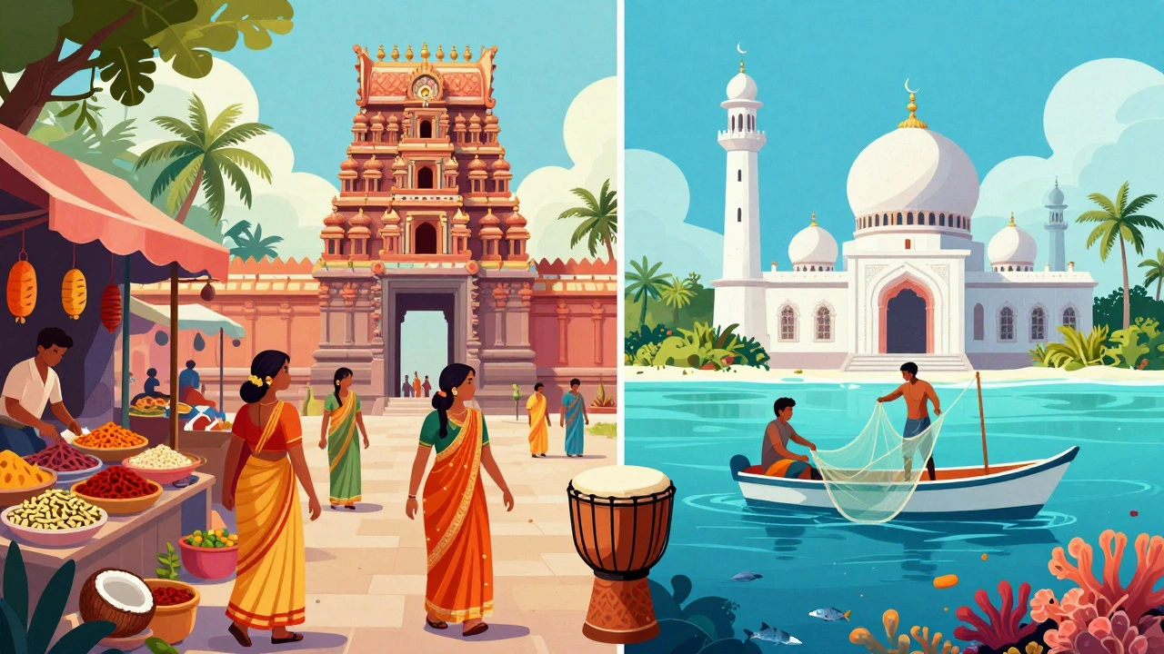 Split image comparing vibrant Indian culture with serene Maldivian island life and mosques.