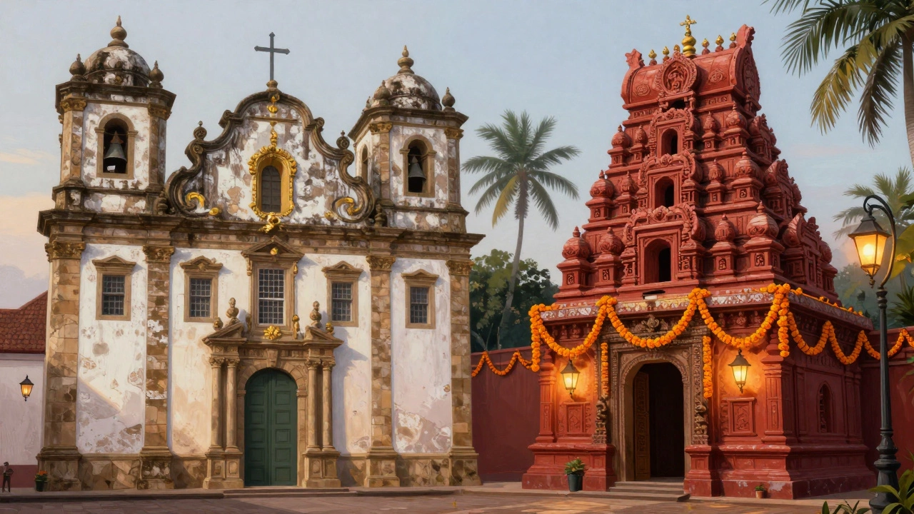 Split image showing Portuguese church and Hindu temple, symbolizing cultural blend