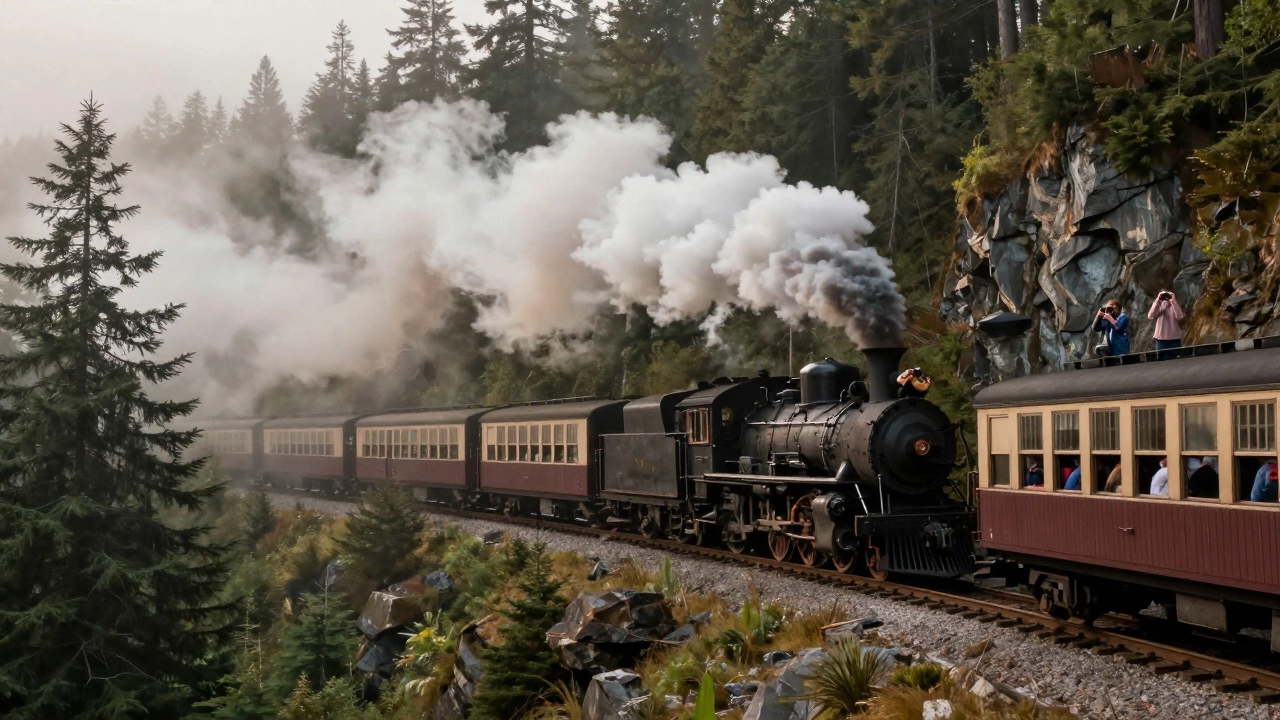 Steam train moving through misty mountains with passengers on deck