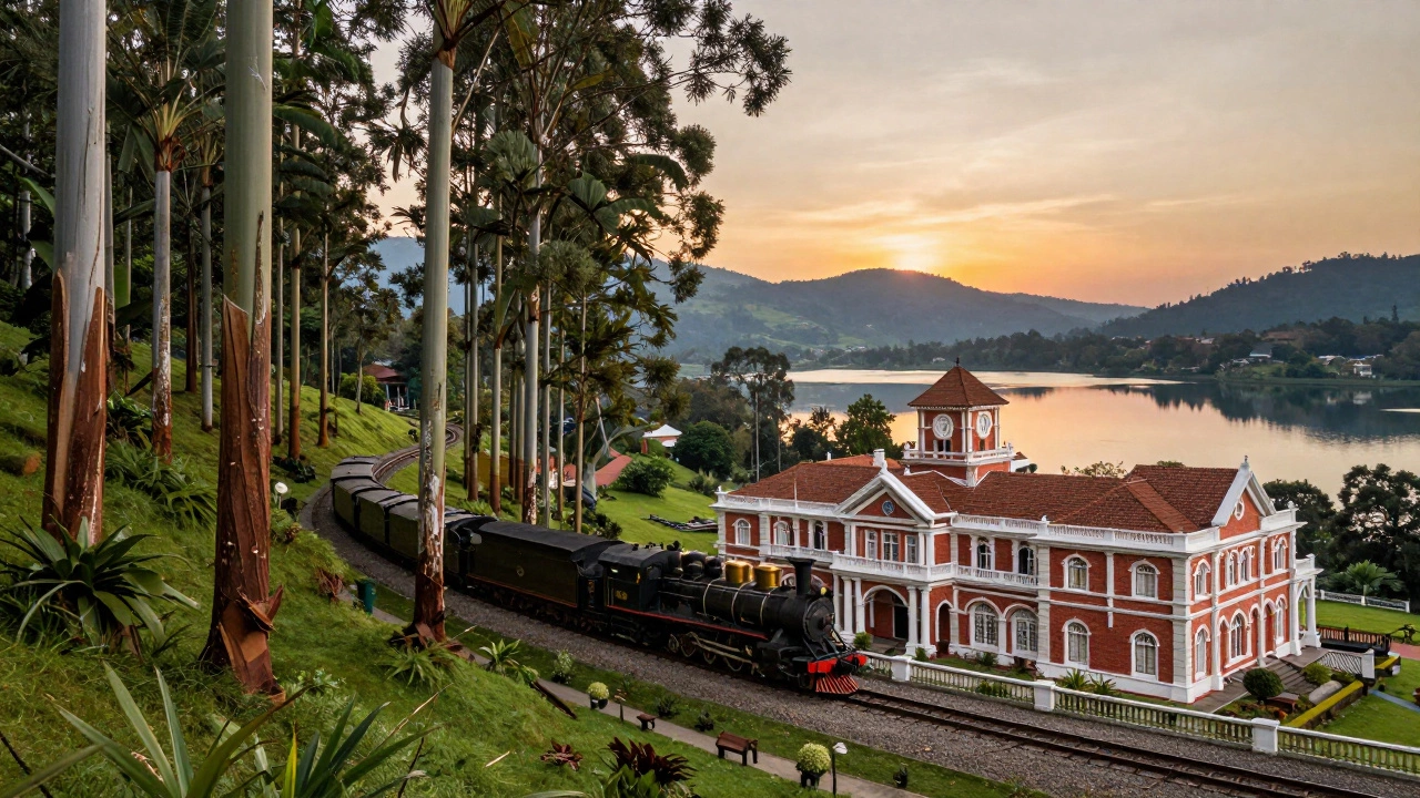 Steam train passing colonial buildings near Lake Ooty in Tamil Nadu