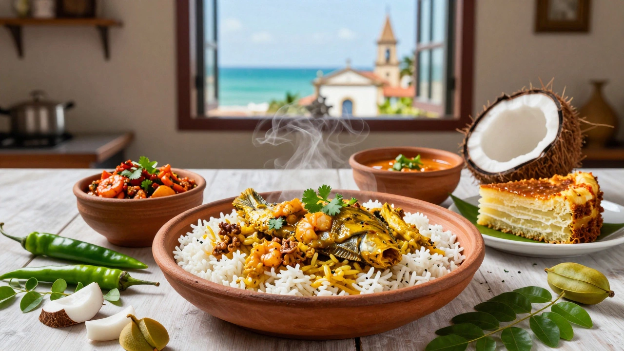 Traditional Goan fish curry rice and bebinca on a clay plate with fresh spices