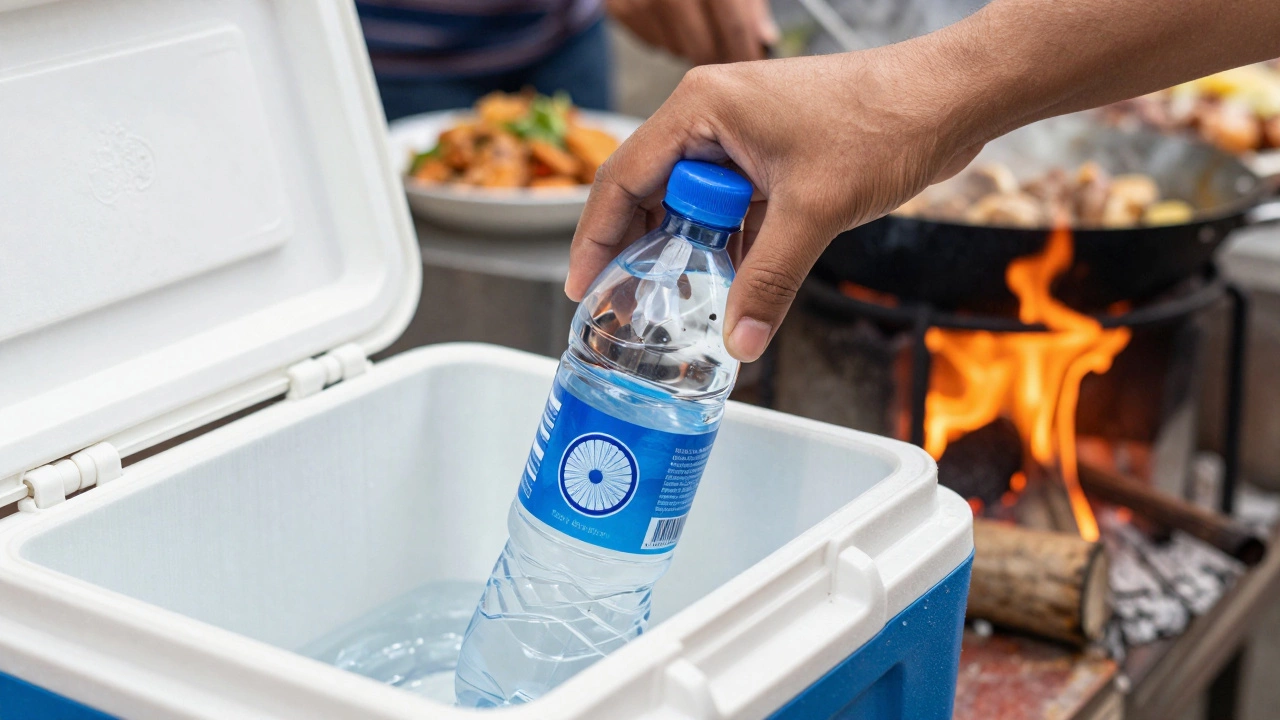 Traveler choosing sealed water and hot street food safely