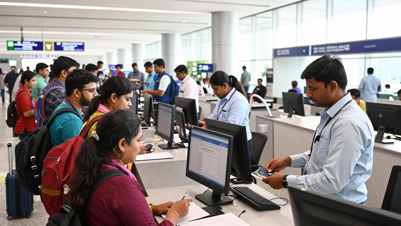 Travelers waiting at dedicated e-Visa counters in a busy Indian airport terminal