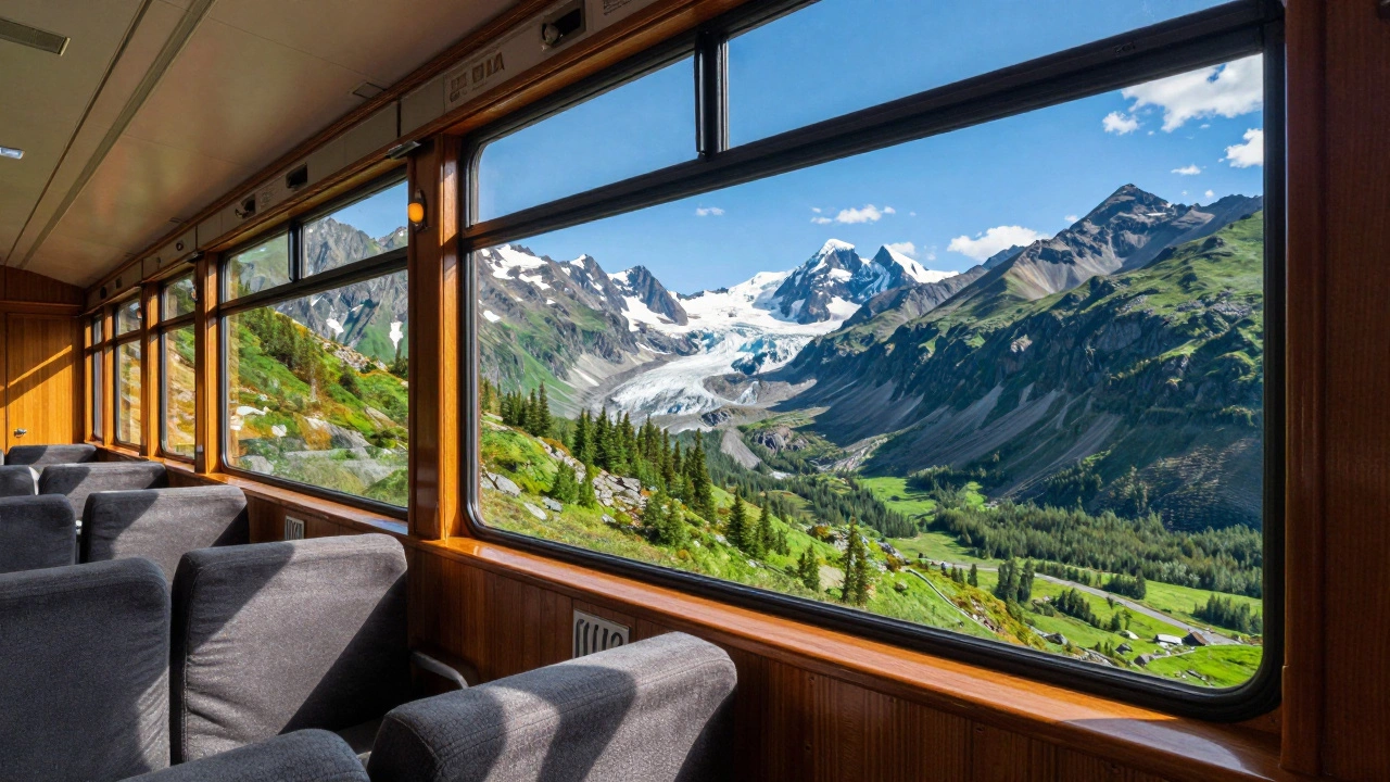 View from Alaska Railroad dome car showing mountains and glaciers