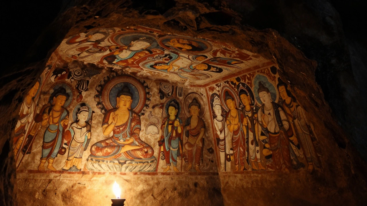 Ancient Buddhist frescoes illuminated in Ajanta Caves