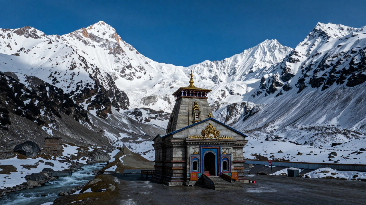 Badrinath Temple surrounded by snowy Himalayan peaks
