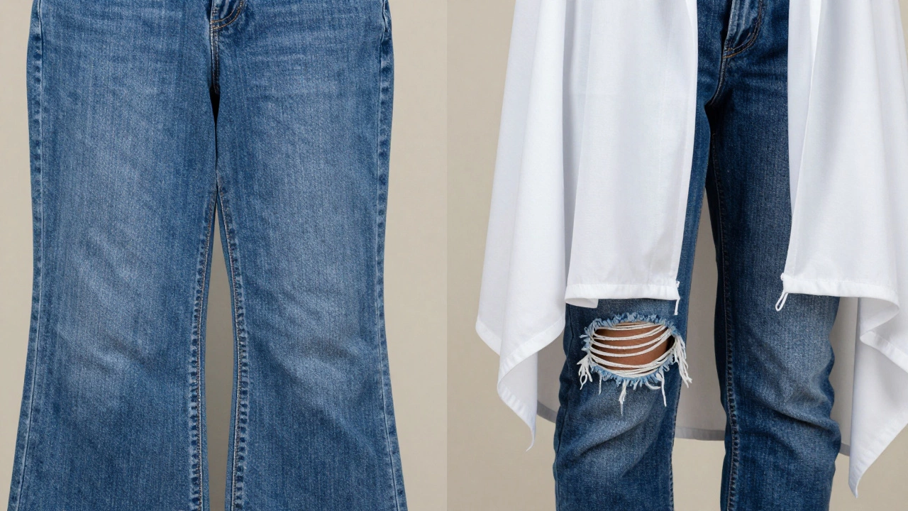 Comparison of plain denim, ripped jeans, and a modest cotton shawl