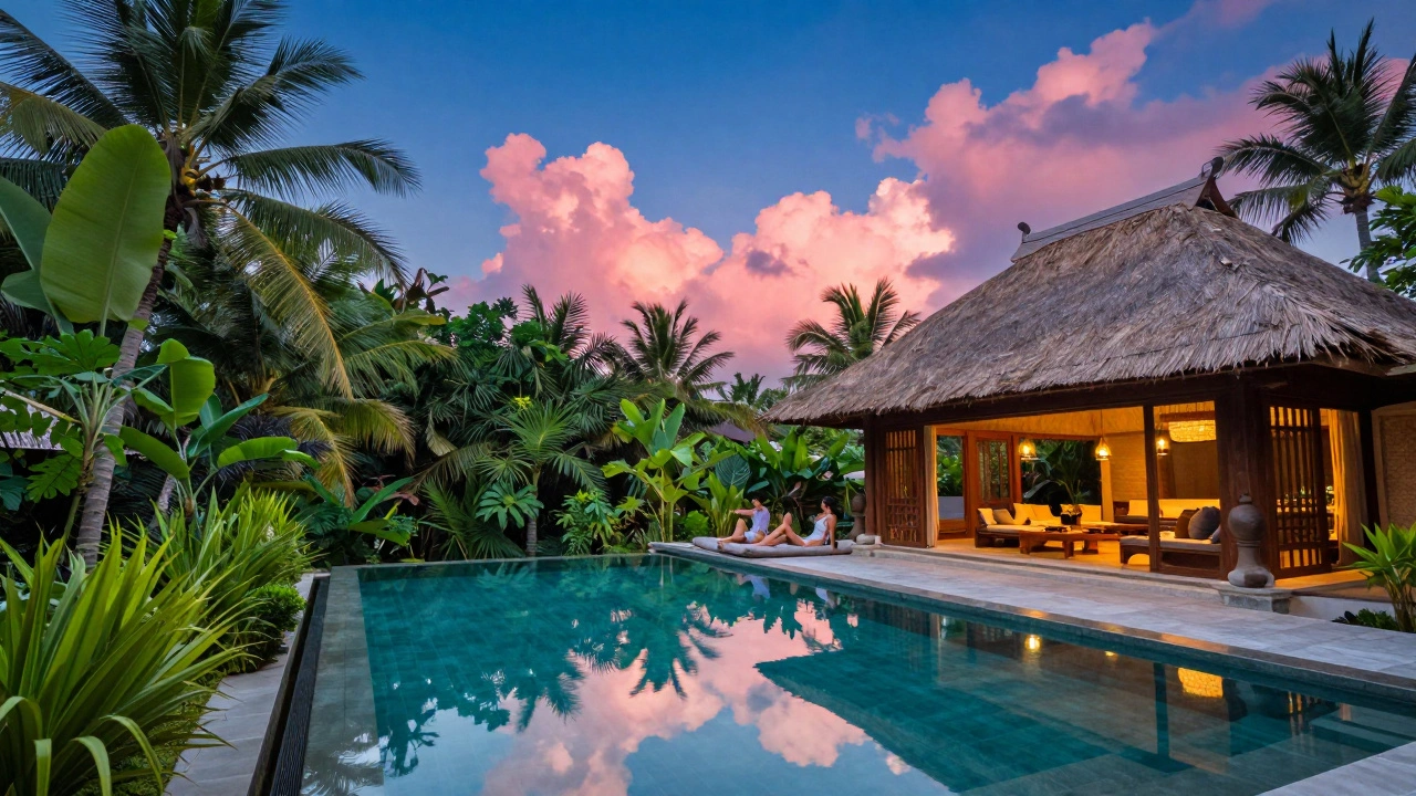 Couple relaxing by an infinity pool in a lush Balinese villa at twilight