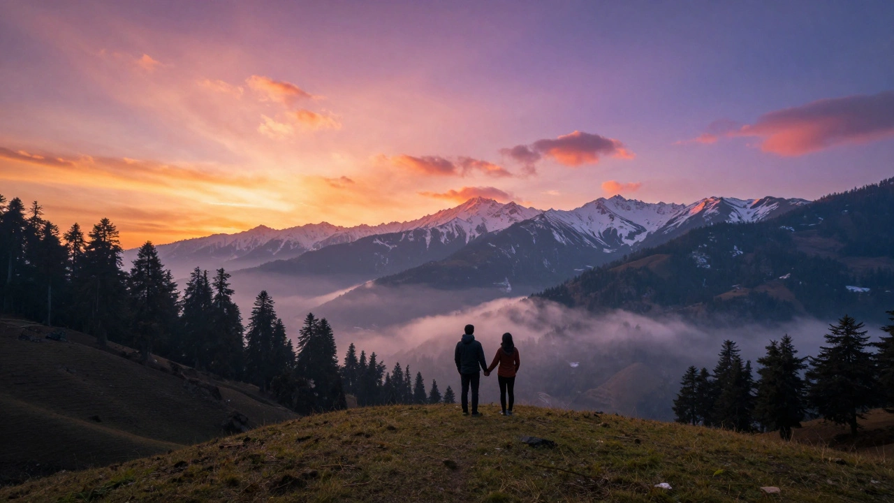 Couple watching sunset over Dhauladhar mountains at Triund